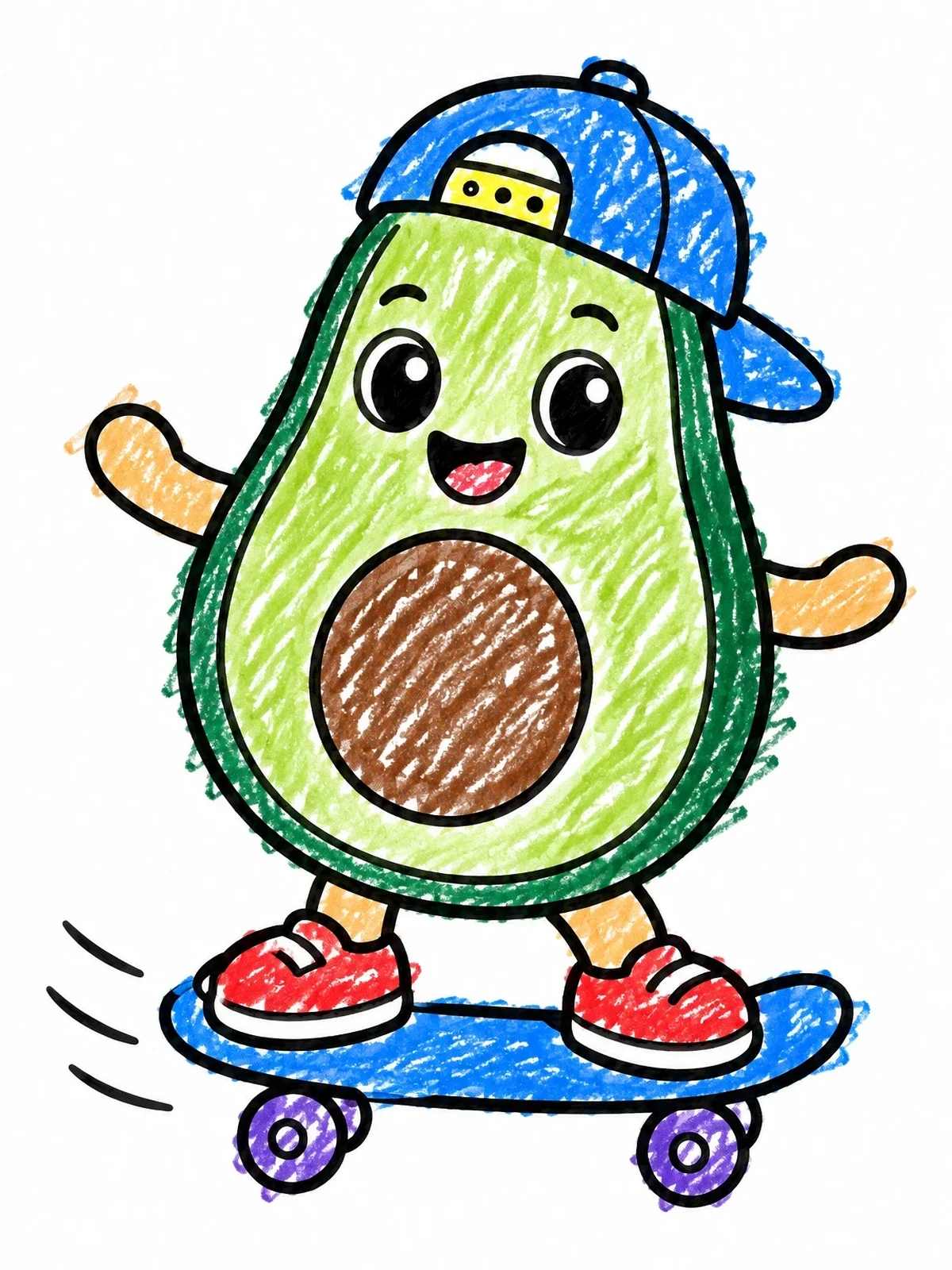 Colored example of the Cool Avocado On A Skateboard coloring page