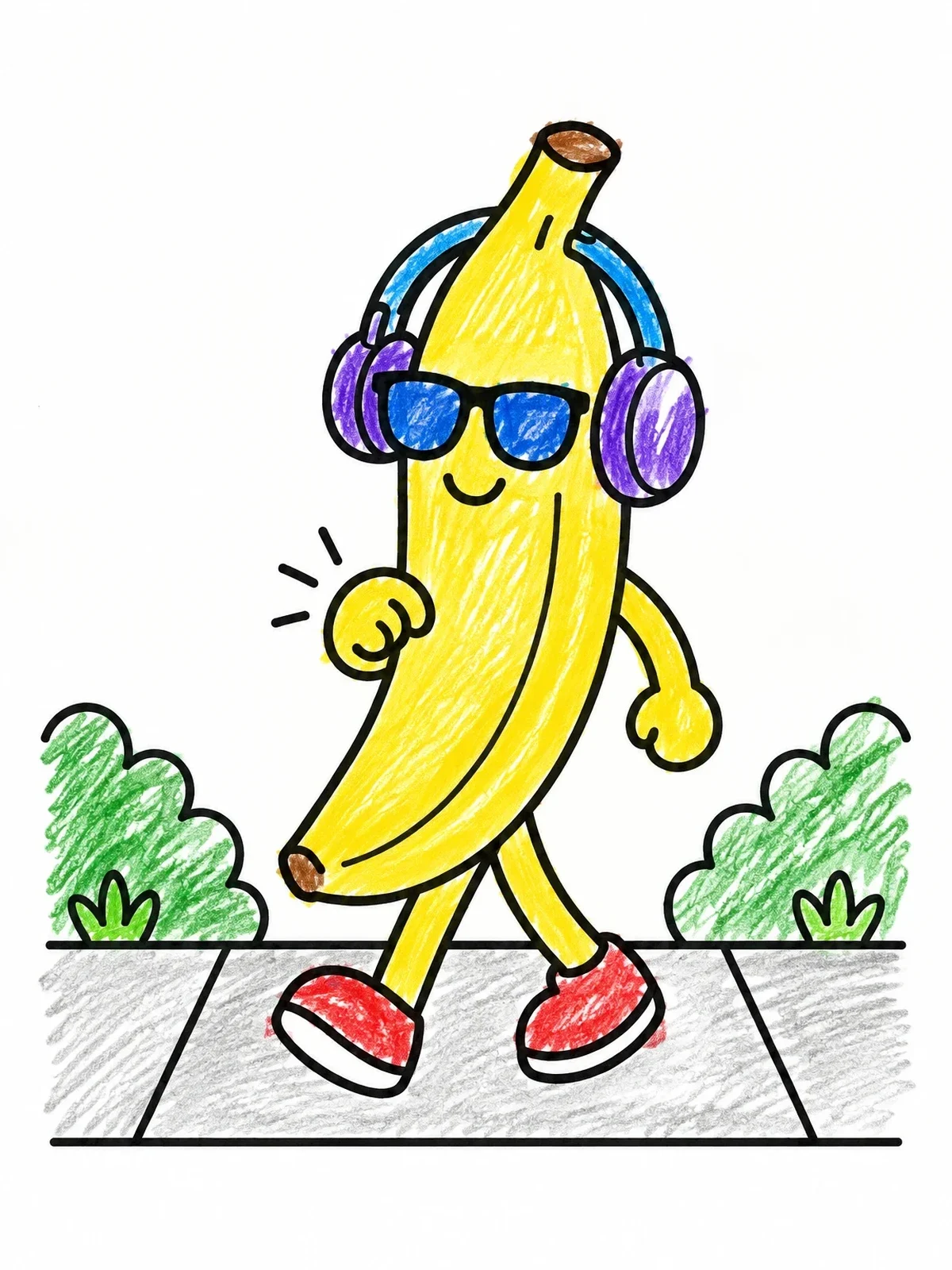 Colored example of the Cool Banana Walking With Headphones coloring page