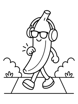 A cool banana coloring page showing a cartoon banana walking with headphones and sunglasses.