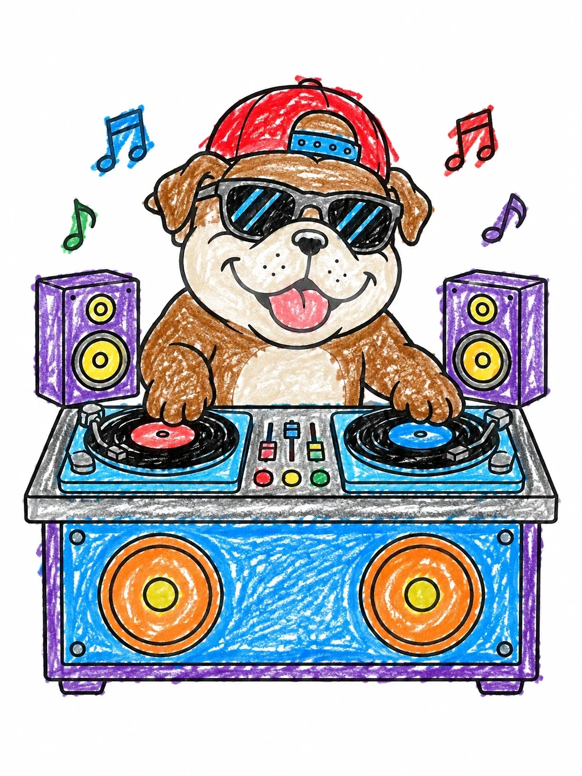 Colored example of the Cool Bulldog Dj At The Turntables coloring page