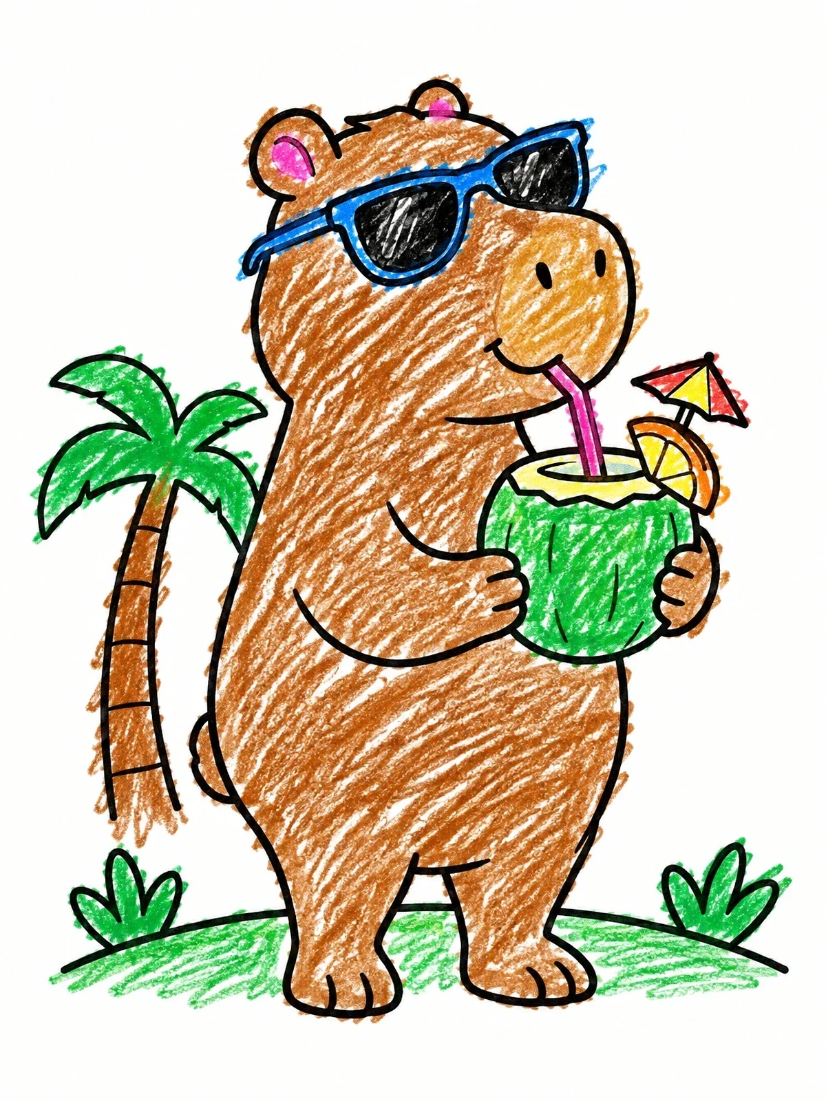 Colored example of the Cool Capybara With Coconut Drink coloring page