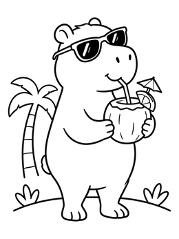 A cool capybara coloring page showing the animal drinking coconut water on a beach.