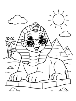A cool sphinx coloring page featuring a cartoon Sphinx wearing sunglasses in the desert.