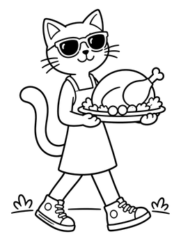 Free printable Cool Cat Carrying Thanksgiving Dinner coloring page