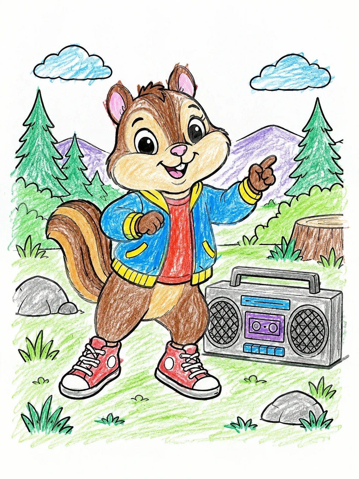 Colored example of the Cool Chipmunk Dancing To Boombox coloring page