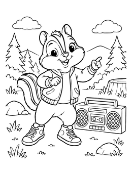 A cheerful chipmunk coloring page featuring a dancing critter in sneakers next to a retro boombox.