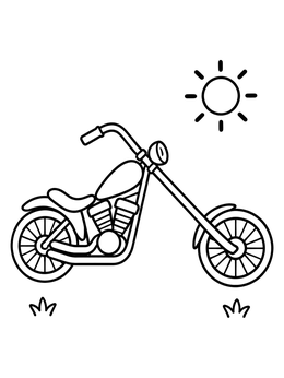 A simple motorcycle coloring page showing a chopper bike parked under a bright shining sun.