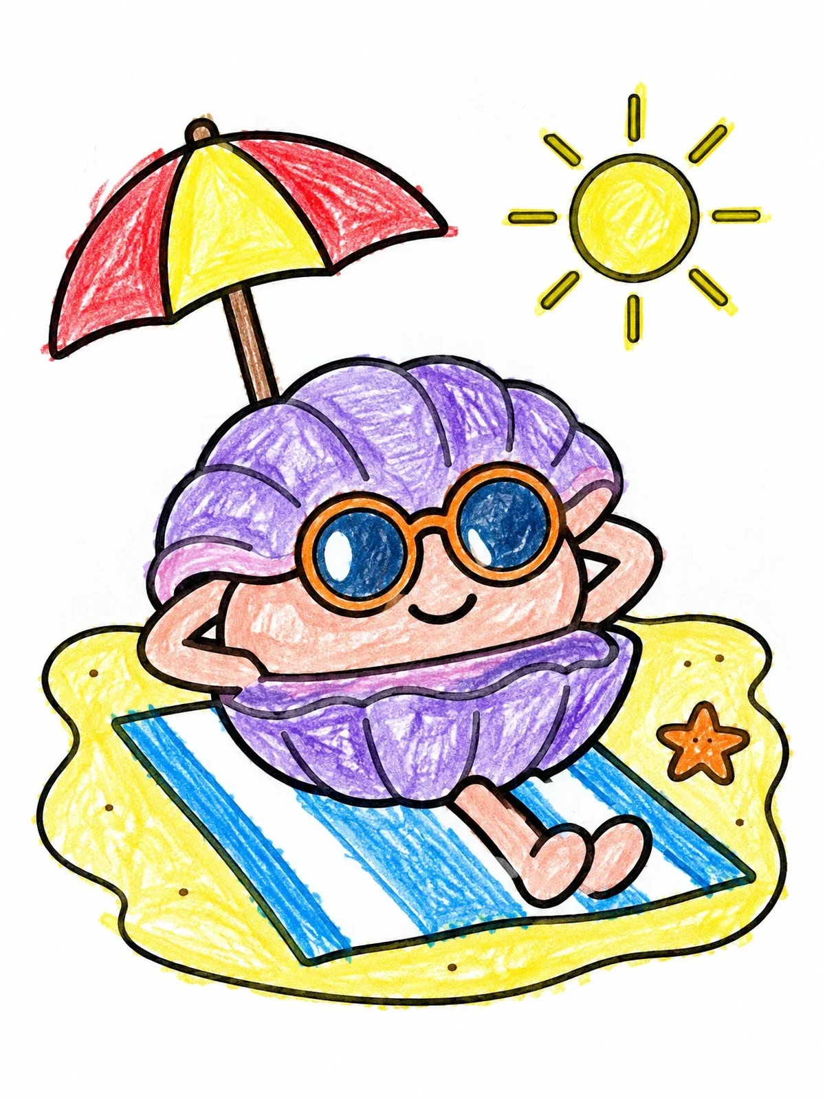 Colored example of the Cool Clam Sunbathing On The Beach coloring page