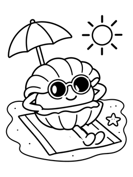 A cool clam coloring page with sunglasses relaxing under an umbrella at the beach.