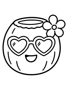 A cool coconut coloring page showing a smiling coconut with heart sunglasses and a flower.