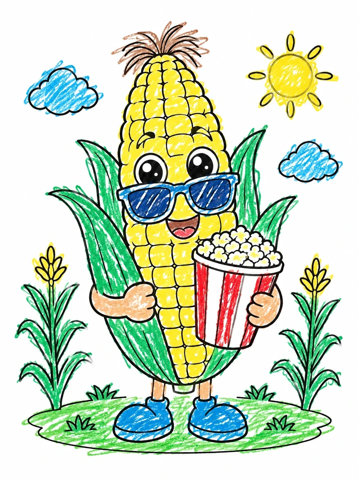 Colored example of the Cool Corn Cob With Popcorn coloring page