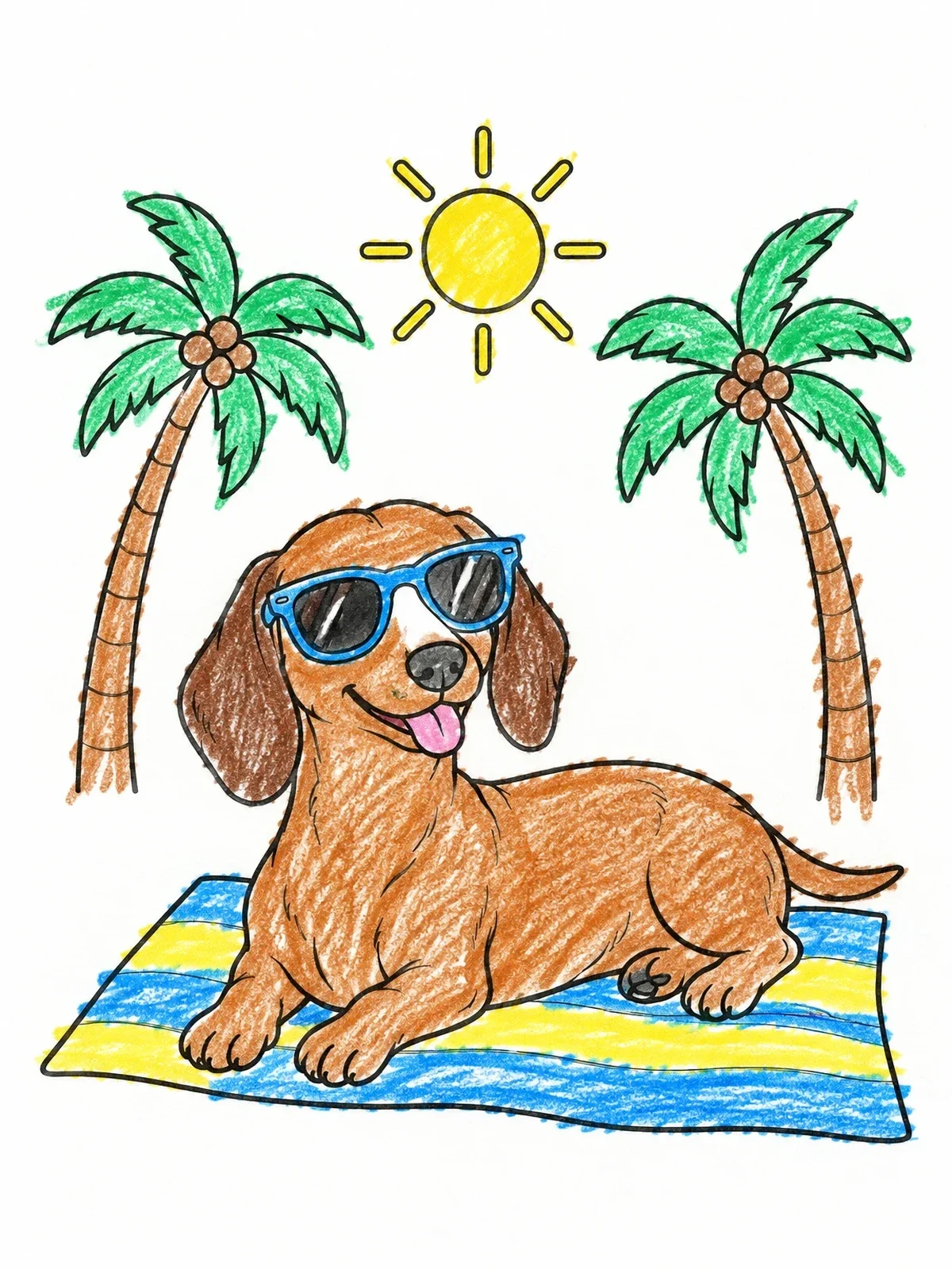 Colored example of the Cool Dachshund On Beach Towel coloring page