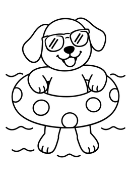 A cheerful puppy in sunglasses floats in a swim ring in this cute dog coloring page.