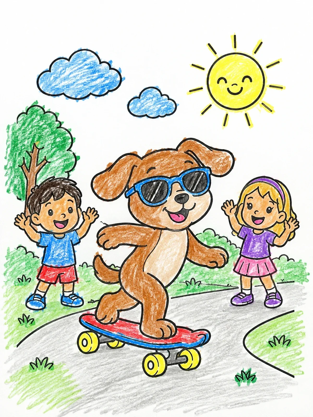 Colored example of the Cool Dog Skateboarding In The Park coloring page