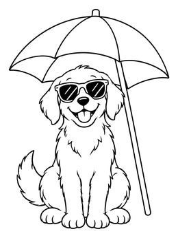 A cheerful puppy wearing sunglasses sits under an umbrella on this dog coloring page.