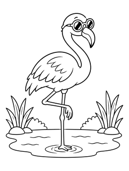 A fun sunglasses coloring page featuring a cool cartoon flamingo standing on one leg in a pond.