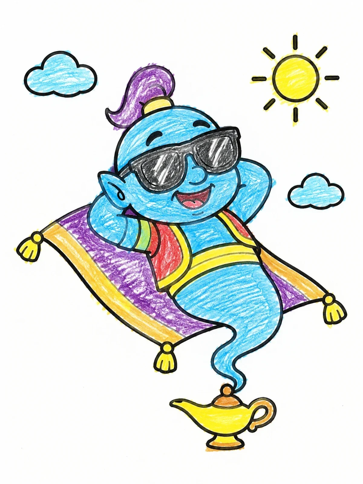 Colored example of the Cool Genie Lounging In The Sky coloring page