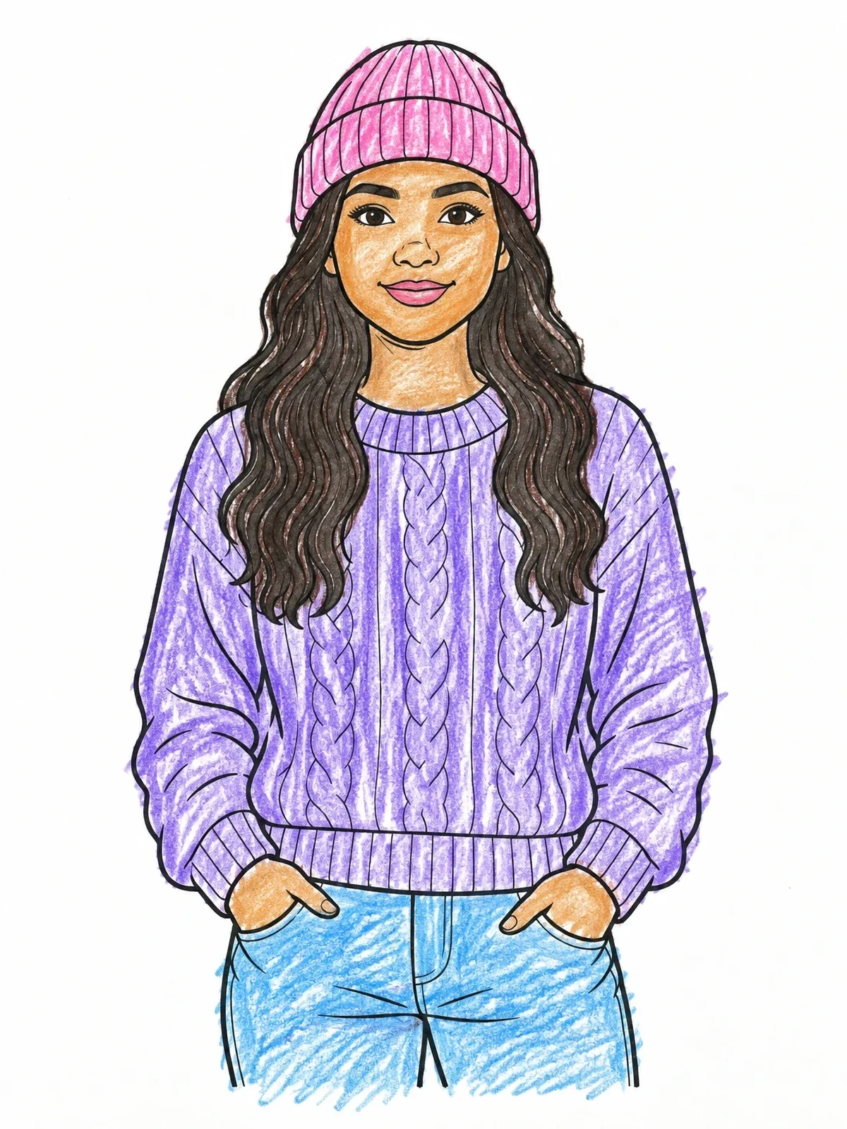 Colored example of the Cozy Beanie And Knitted Sweater coloring page