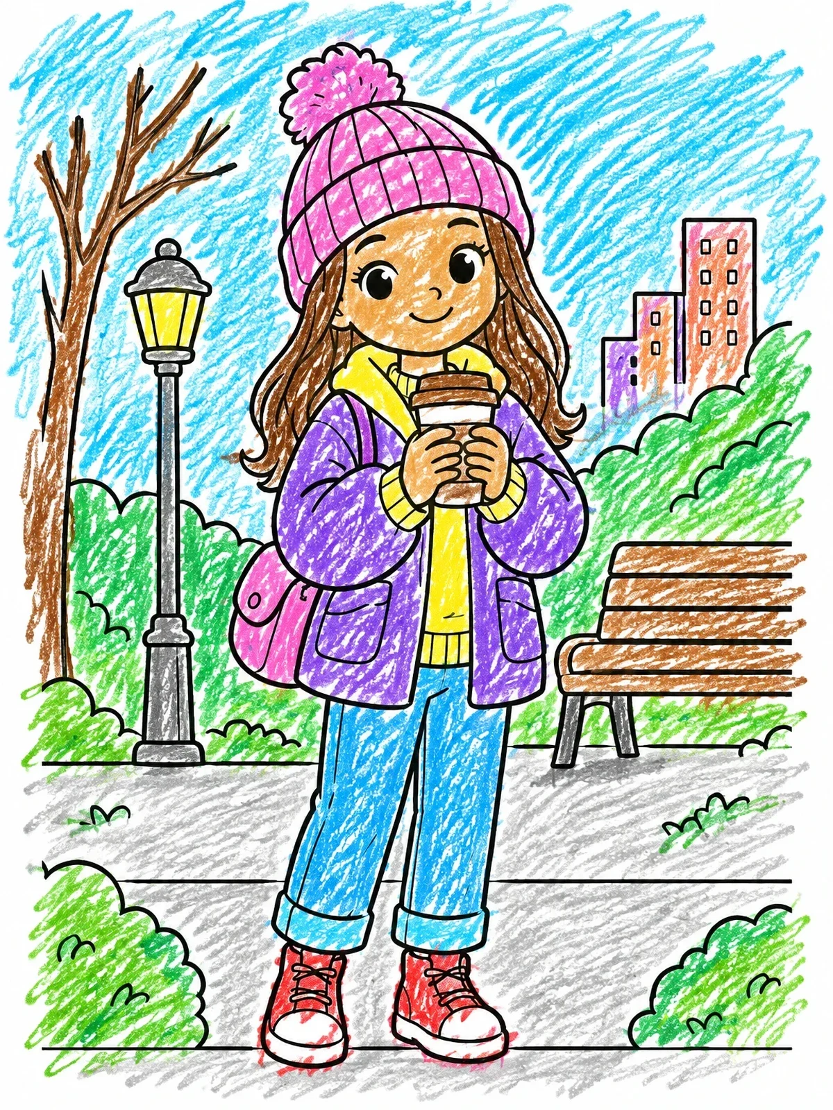 Colored example of the Cozy Girl With Hot Drink In The Park coloring page