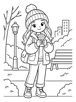 Free printable Cozy Girl With Hot Drink In The Park coloring page