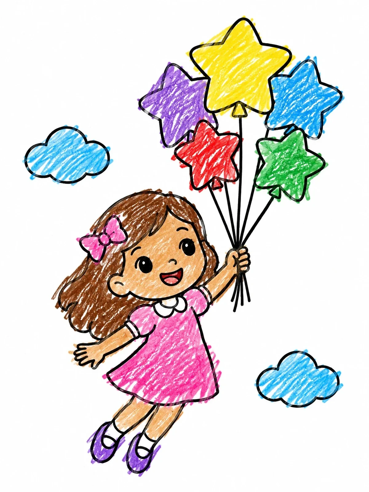 Colored example of the Cute Girl Floating With Star Balloons coloring page