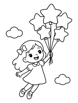 Free printable Cute Girl Floating With Star Balloons coloring page