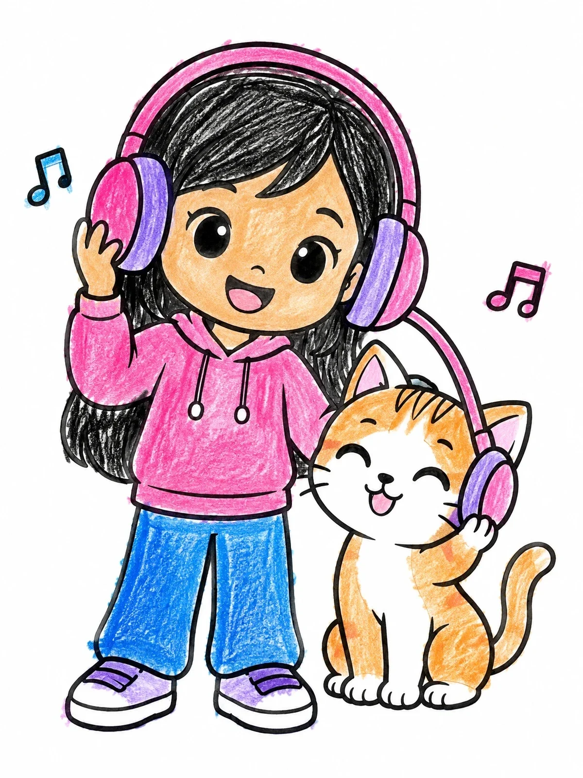 Colored example of the Cute Girl And Kitten Listening To Music coloring page