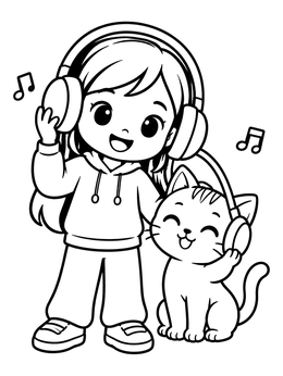 Free printable Cute Girl And Kitten Listening To Music coloring page