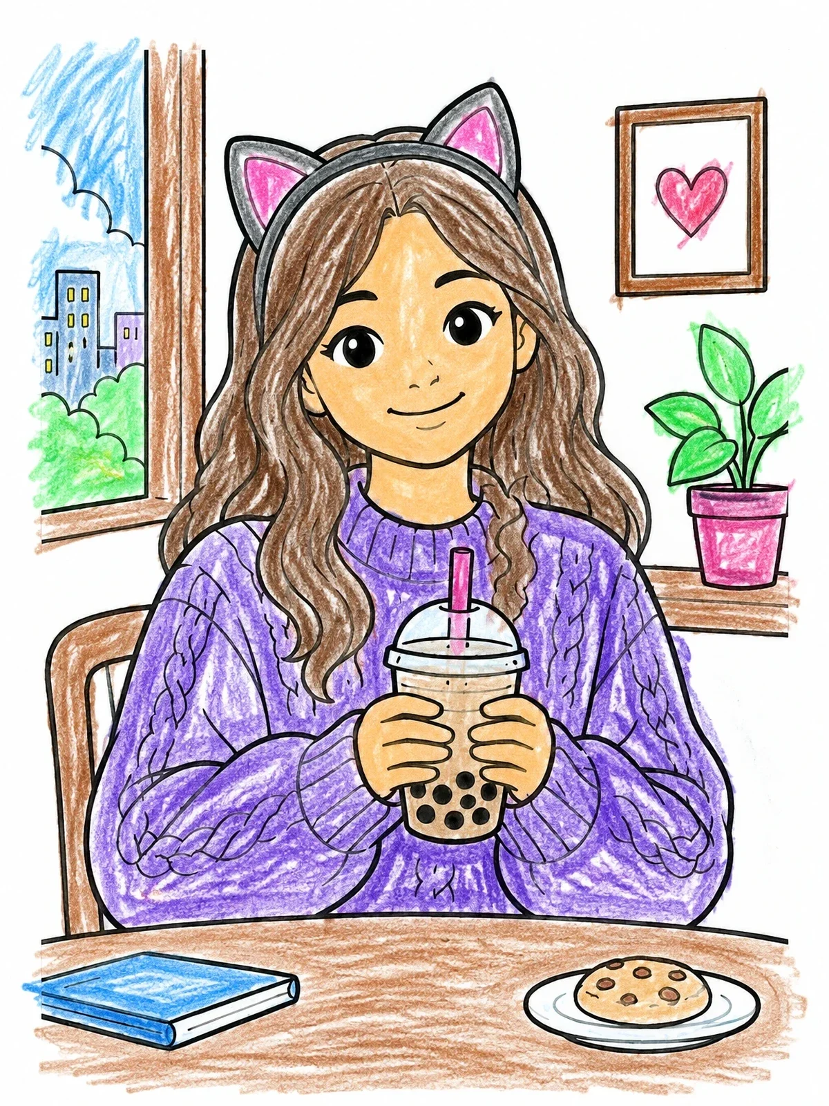 Colored example of the Cute Girl With Boba Tea coloring page