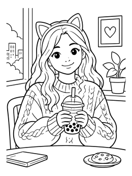 Free printable Cute Girl With Boba Tea coloring page
