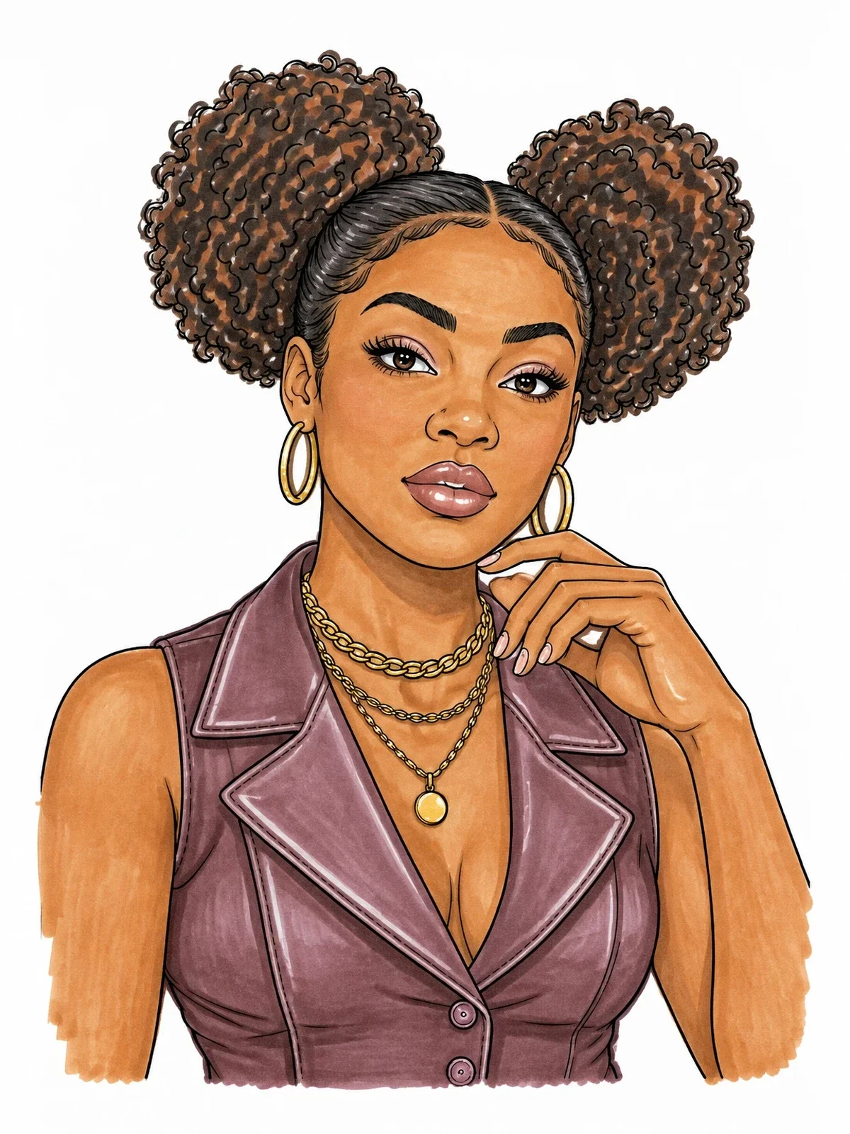 Colored example of the Fashionable Girl With Afro Puffs coloring page