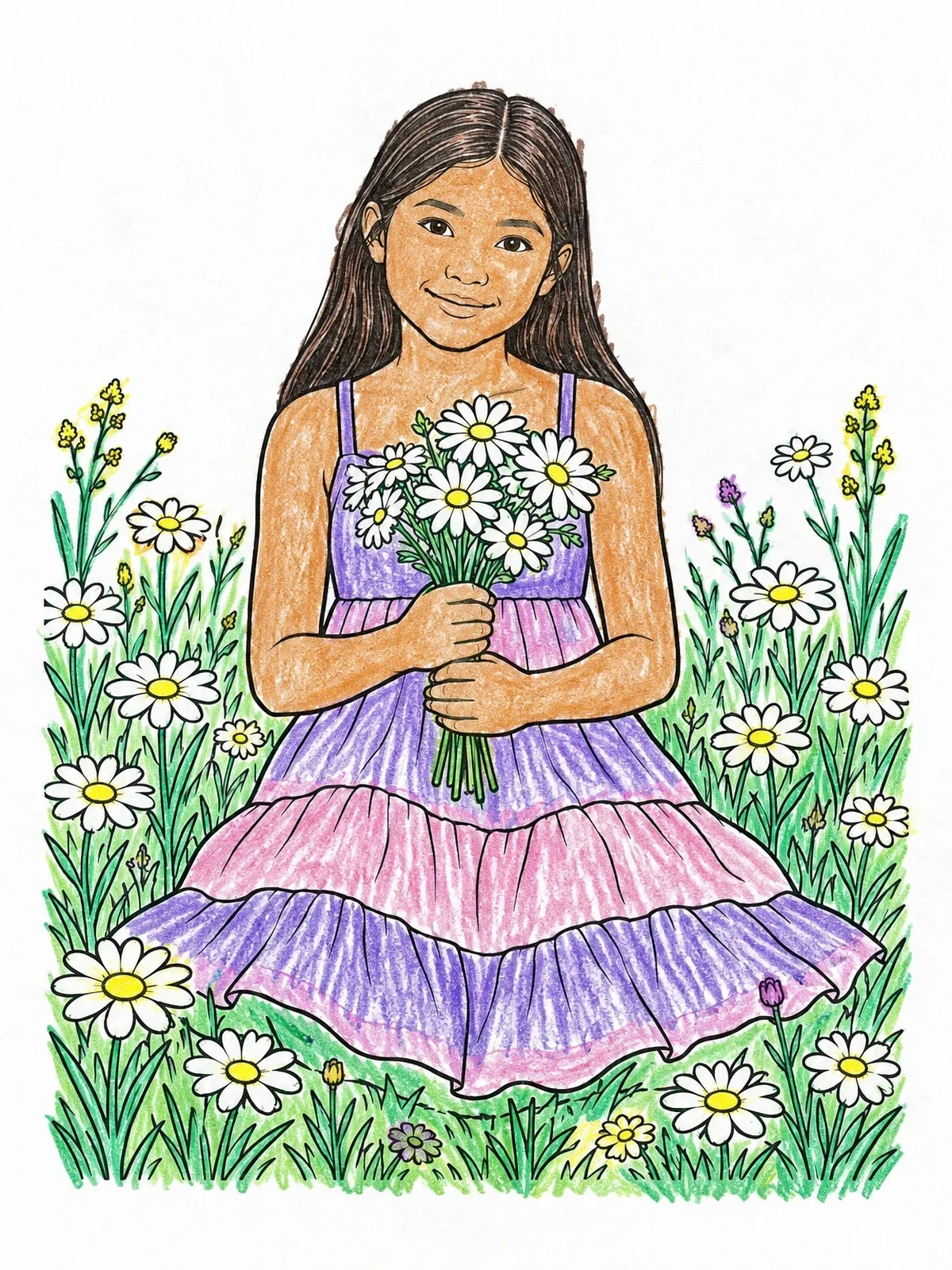 Colored example of the Girl With Daisies In Sundress coloring page
