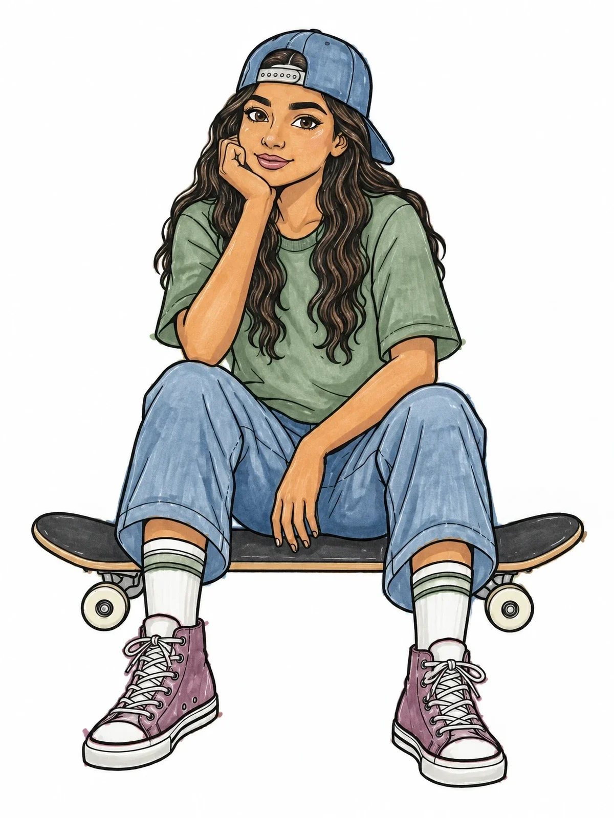 Colored example of the Skater Girl Sitting On Skateboard coloring page
