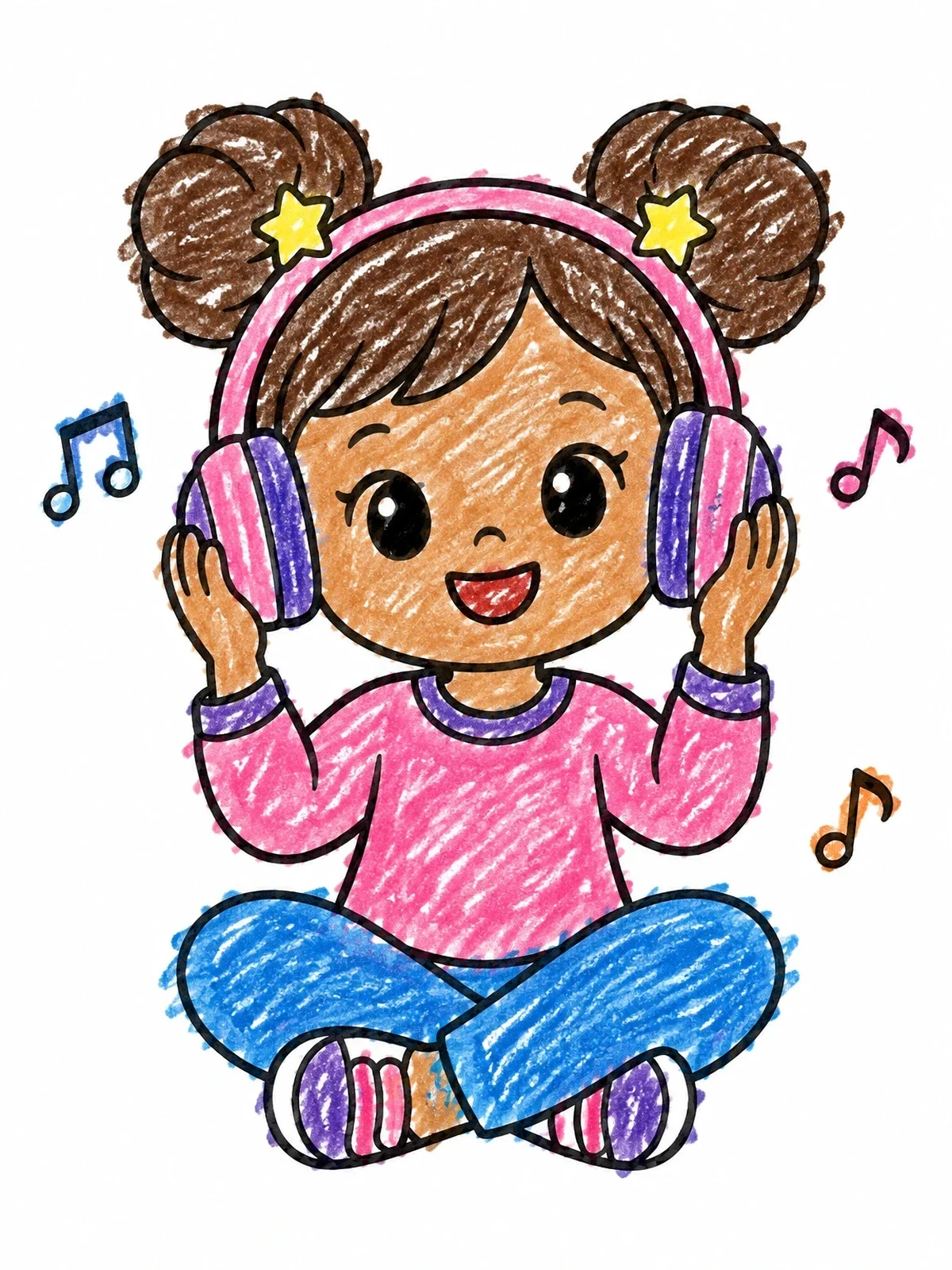 Colored example of the Smiling Girl Listening To Music With Headphones coloring page