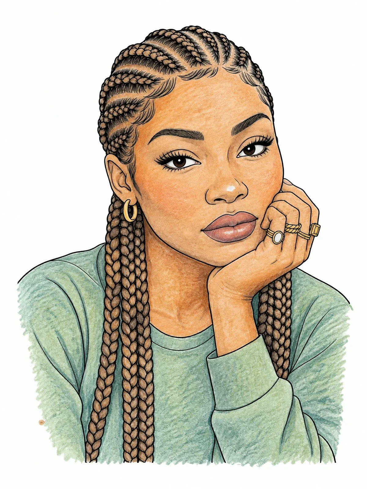 Colored example of the Braided Hair Girl Resting Chin coloring page