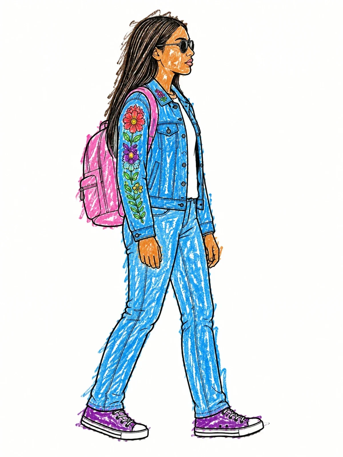 Colored example of the Stylish Girl In Denim Jacket Walking coloring page