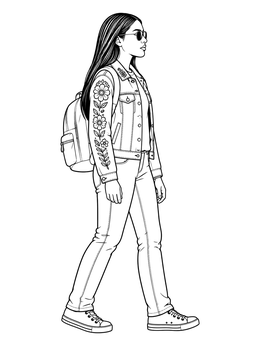 Free printable Stylish Girl In Denim Jacket Walking coloring page