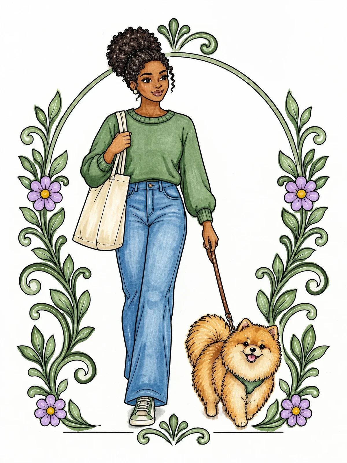 Colored example of the Stylish Woman Walking Fluffy Dog coloring page