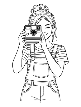 Free printable Trendy Girl Holding Vintage Instant Camera coloring page