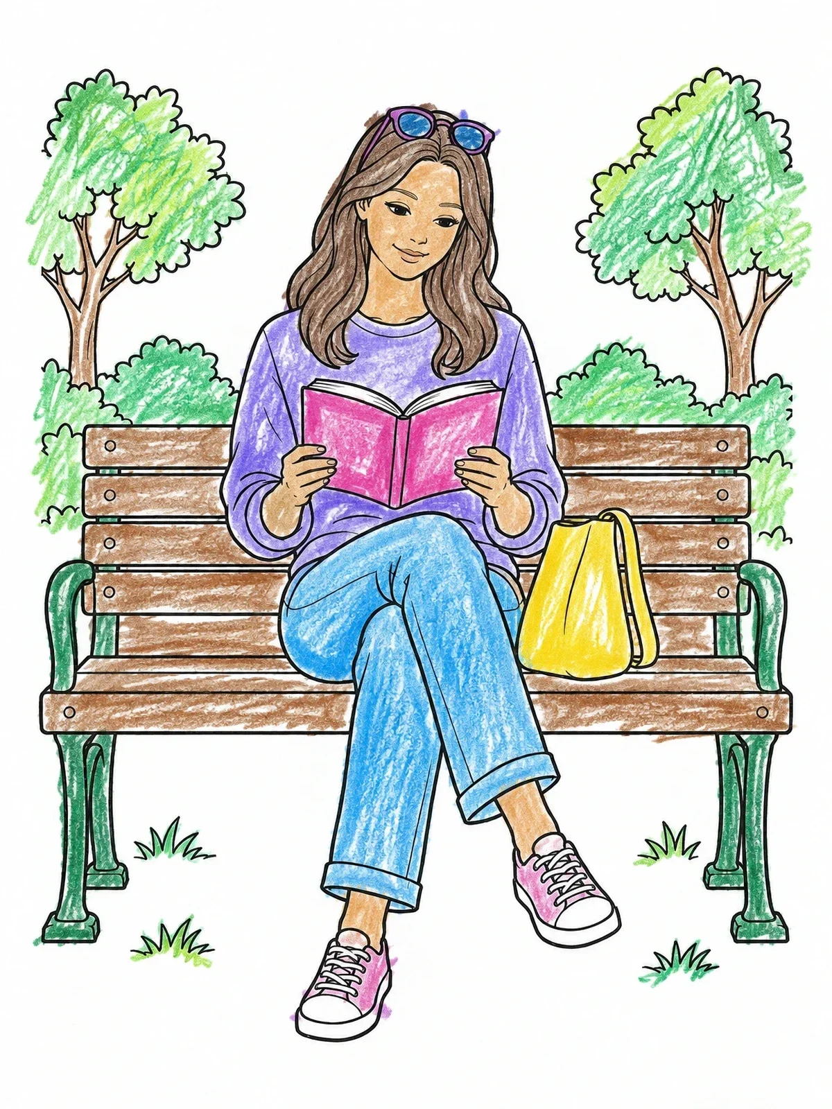 Colored example of the Young Woman Reading On A Park Bench coloring page