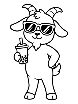 A cool goat coloring page featuring sunglasses and a sweet boba drink.