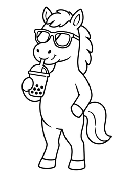 A cool cartoon horse coloring page featuring sunglasses and a bubble tea drink.