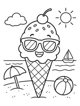 A sunglasses coloring page showing a happy ice cream cone relaxing on a sunny beach.