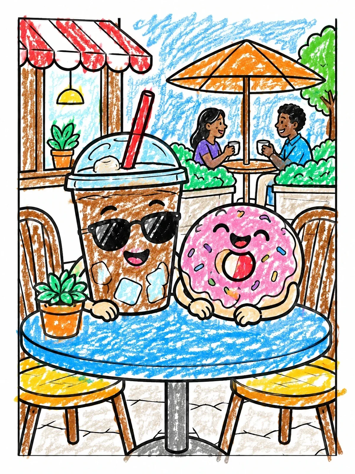 Colored example of the Cool Iced Coffee And Happy Donut coloring page