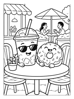 Free printable Cool Iced Coffee And Happy Donut coloring page