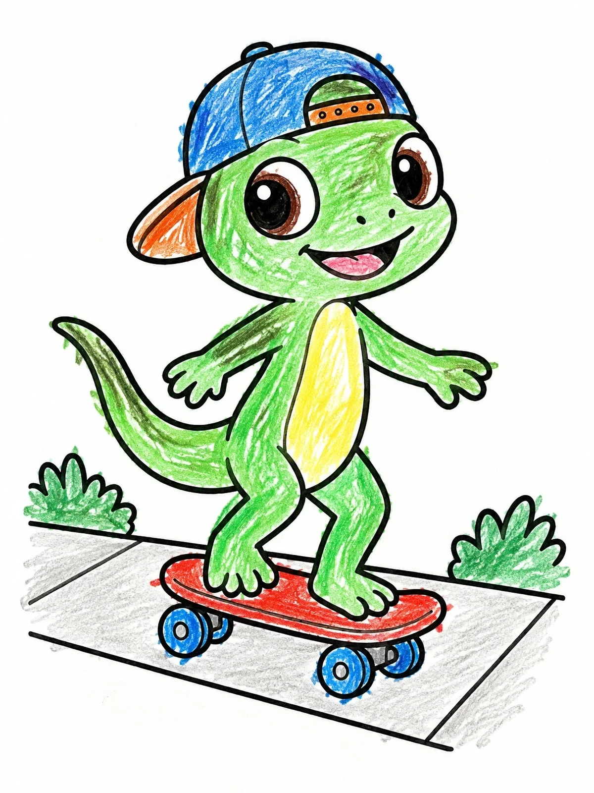 Colored example of the Cool Lizard On A Skateboard coloring page