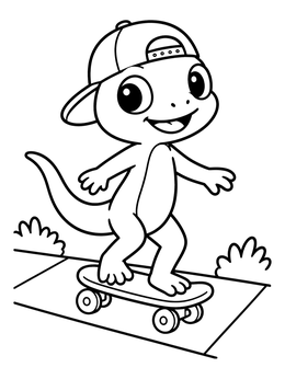 A cheerful lizard coloring page showing a cartoon reptile riding a skateboard in a backwards cap.