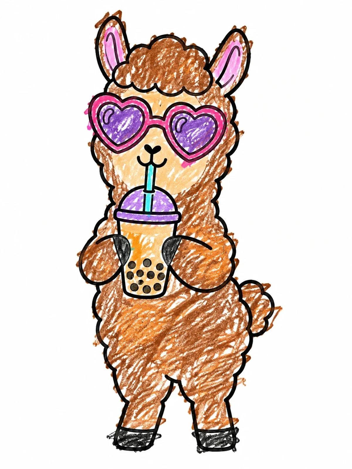 Colored example of the Cool Llama Drinking Boba Tea coloring page