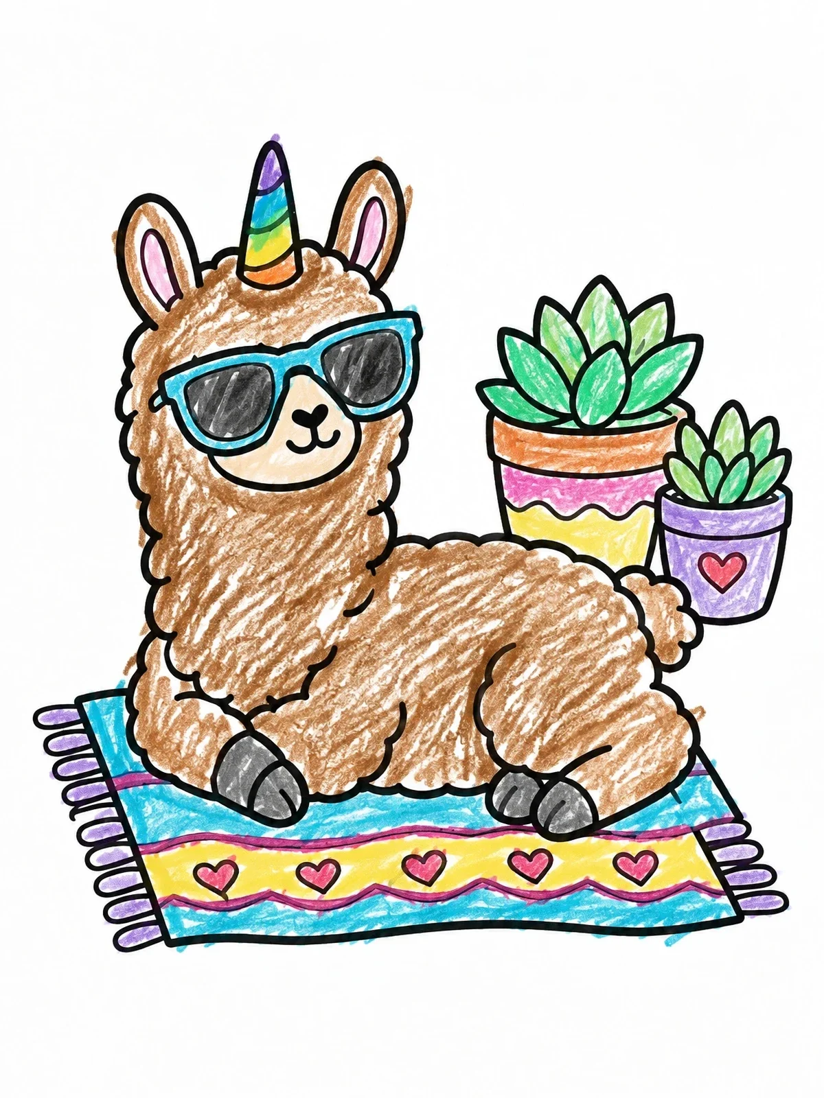 Colored example of the Cool Llamacorn Resting With Succulents coloring page