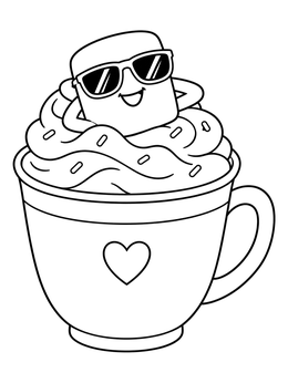 A cool marshmallow with sunglasses relaxes in this hot cocoa coloring page.